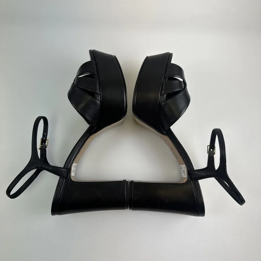 SCHUTZ Keffa Heel Sandal Black Leather Strappy Ankle Buckle High Block Heel 9